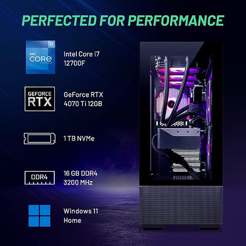 Skytech Azure Gaming PC Desktop – Intel Core i7 12700F 2.1 GHz, NVIDIA RTX 4070 Ti, 1TB NVME SSD, 16GB DDR4 RAM 3200, 750W Gold PSU, 360mm AIO, 11AC Wi-Fi, Windows 11 Home 64-bit,Black