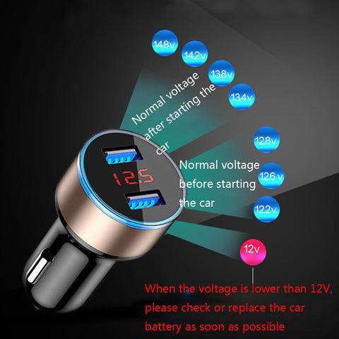 Car Charger 5V 3.1A Quick Charge Dual USB Port LED Digital Display Voltmeter Phone Charging Adapter Aluminum Alloy Car Charger