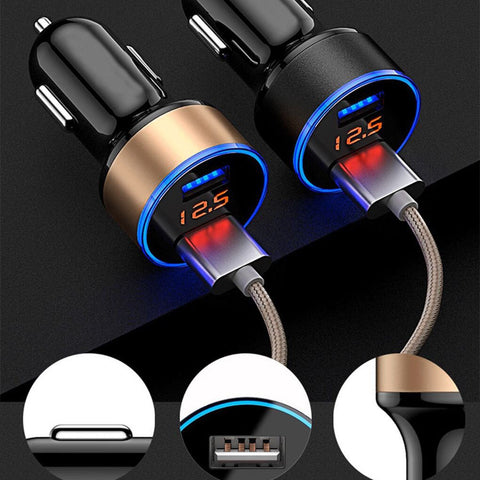 Car Charger 5V 3.1A Quick Charge Dual USB Port LED Digital Display Voltmeter Phone Charging Adapter Aluminum Alloy Car Charger