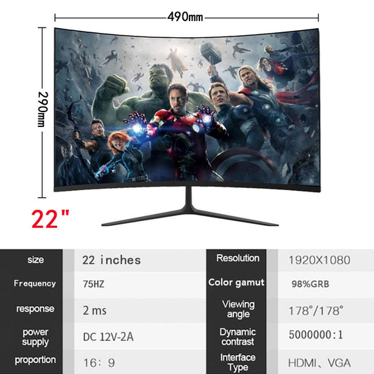 GYFOMA 22 inch 1080p Curved Monitor 75hz LCD Monitor 